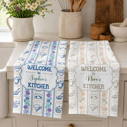 Welcome To My Kitchen Floral Utensils Personalized Kitchen Towel - Personalized Kitchen Towel - COOK077_TOWL