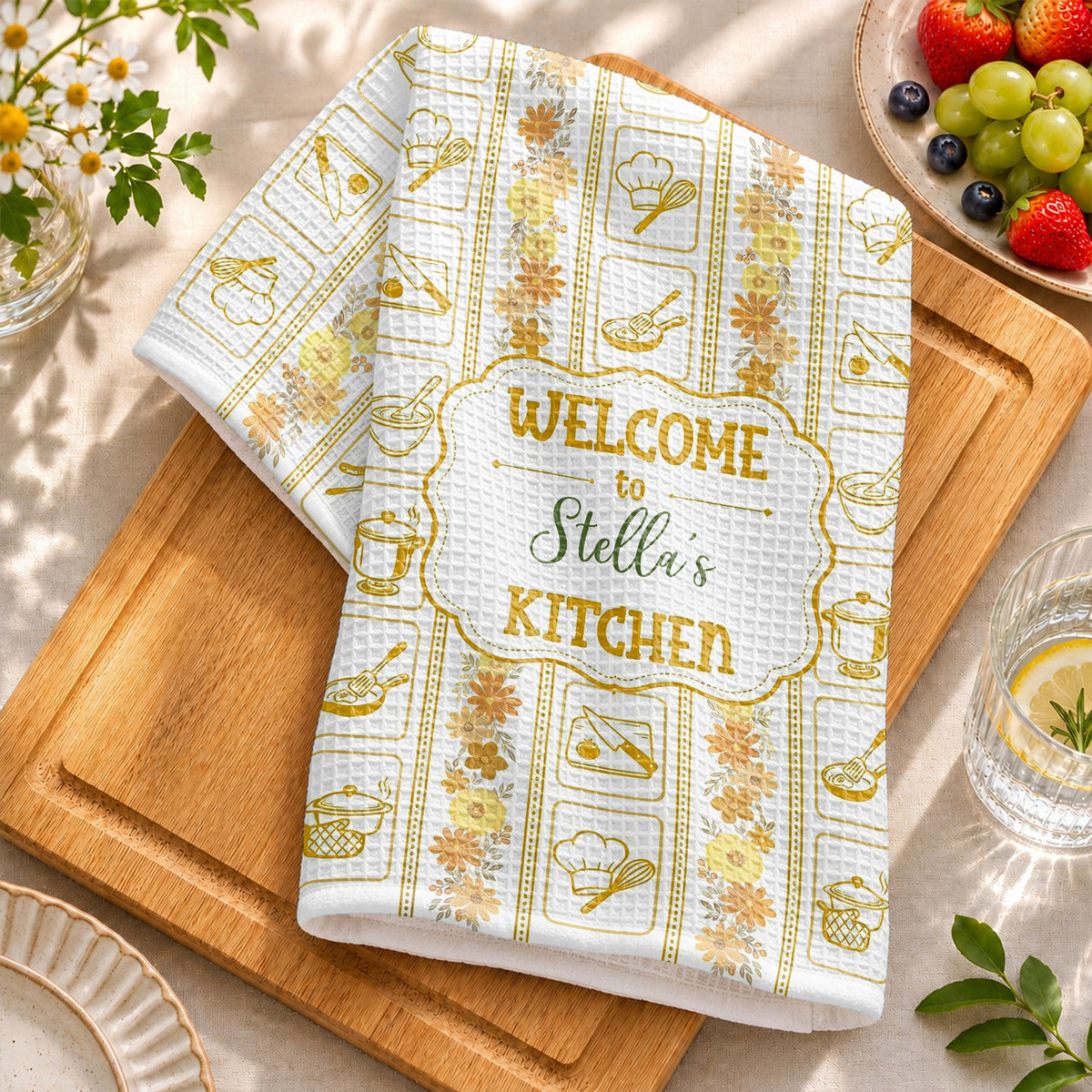 Welcome To My Kitchen Floral Utensils Personalized Kitchen Towel - Personalized Kitchen Towel - COOK077_TOWL