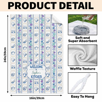 Welcome To My Kitchen Floral Utensils Personalized Kitchen Towel - Personalized Kitchen Towel - COOK077_TOWL