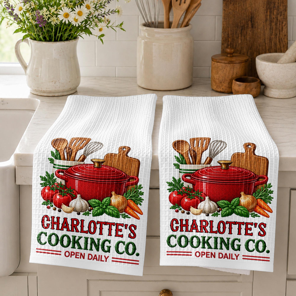 Cooking Co Open Daily Red Pot And Fresh Vegetables - Personalized Kitchen Towel - COOK084_TOWL