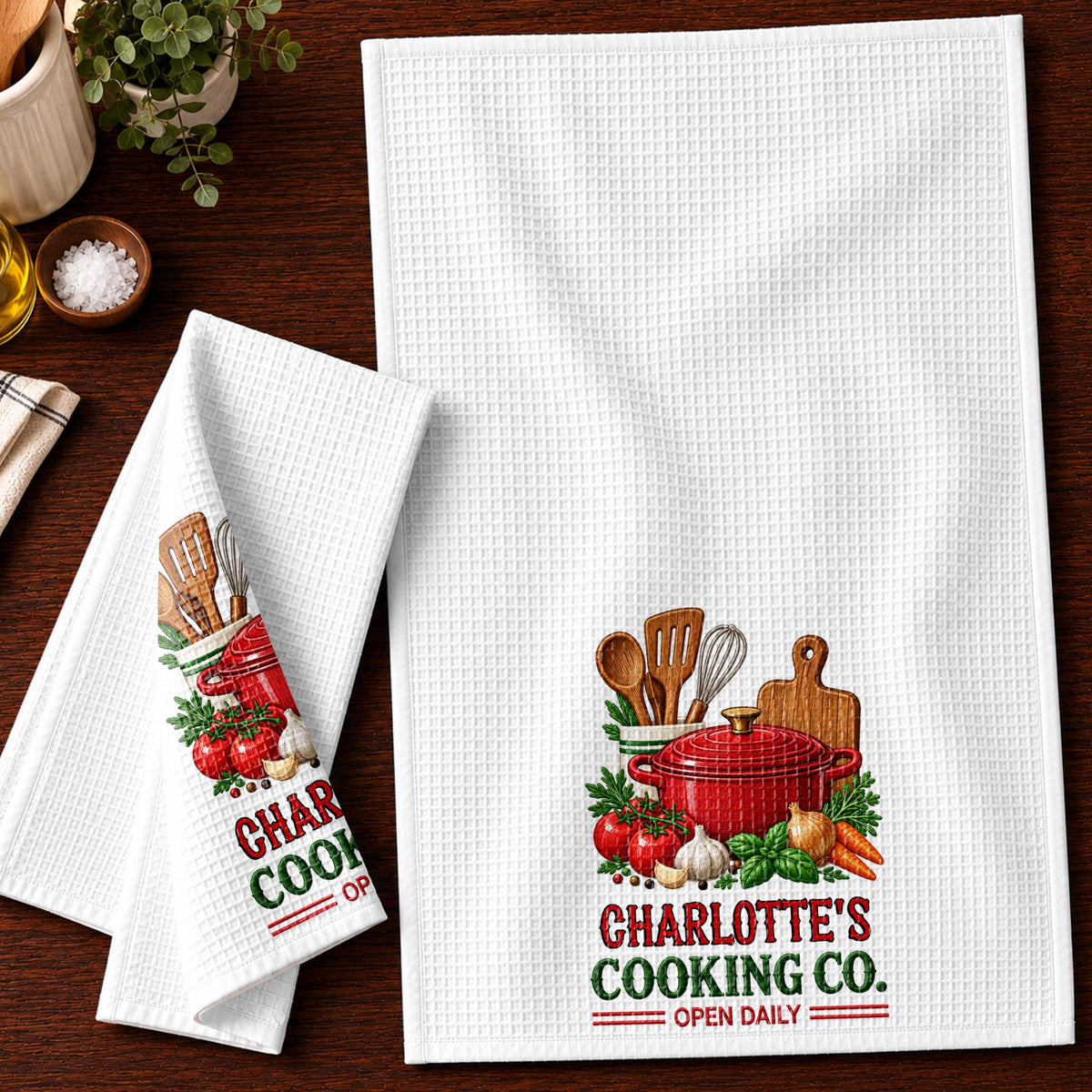 Cooking Co Open Daily Red Pot And Fresh Vegetables - Personalized Kitchen Towel - COOK084_TOWL