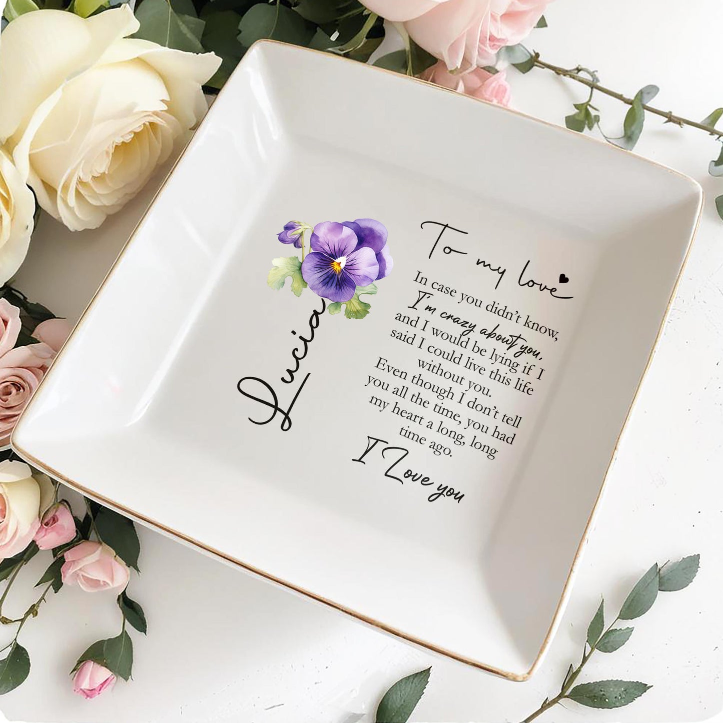 To My Love I'm Crazy About You Romantic Pansy Gift - Personalized Custom Jewelry Dish - CPL019_SCRD