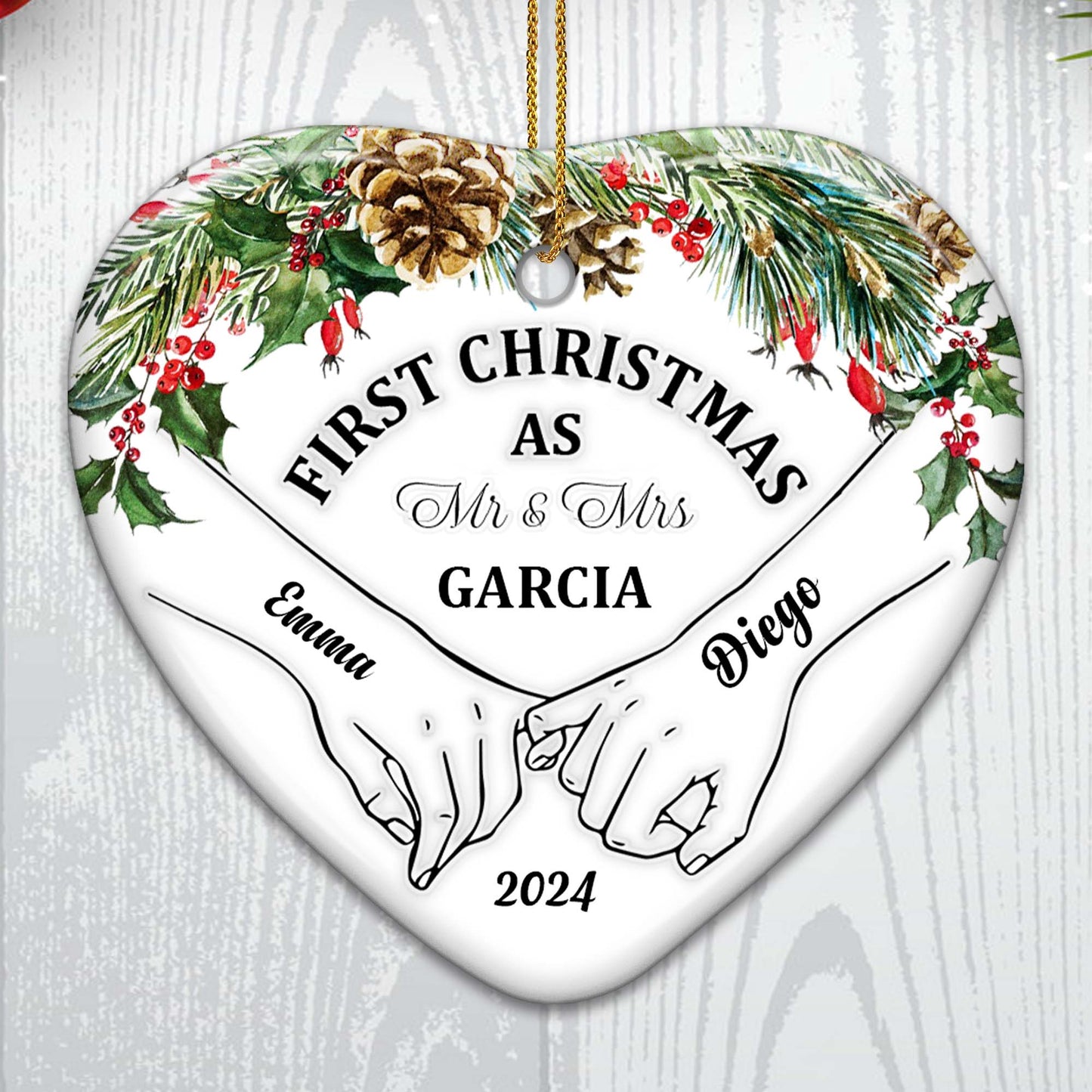 First Christmas As Mr & Mrs Heart Shaped Ornament - Personalized Custom Ceramic Ornament With Heart Shape - CPL025_HCE