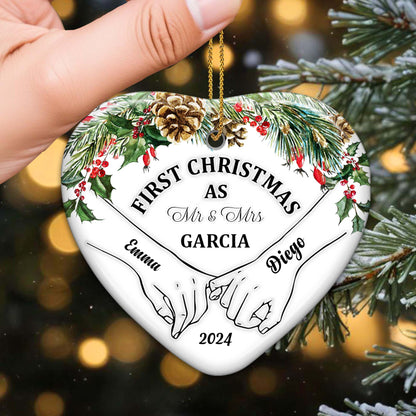 First Christmas As Mr & Mrs Heart Shaped Ornament - Personalized Custom Ceramic Ornament With Heart Shape - CPL025_HCE