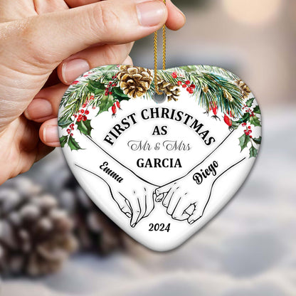 First Christmas As Mr & Mrs Heart Shaped Ornament - Personalized Custom Ceramic Ornament With Heart Shape - CPL025_HCE