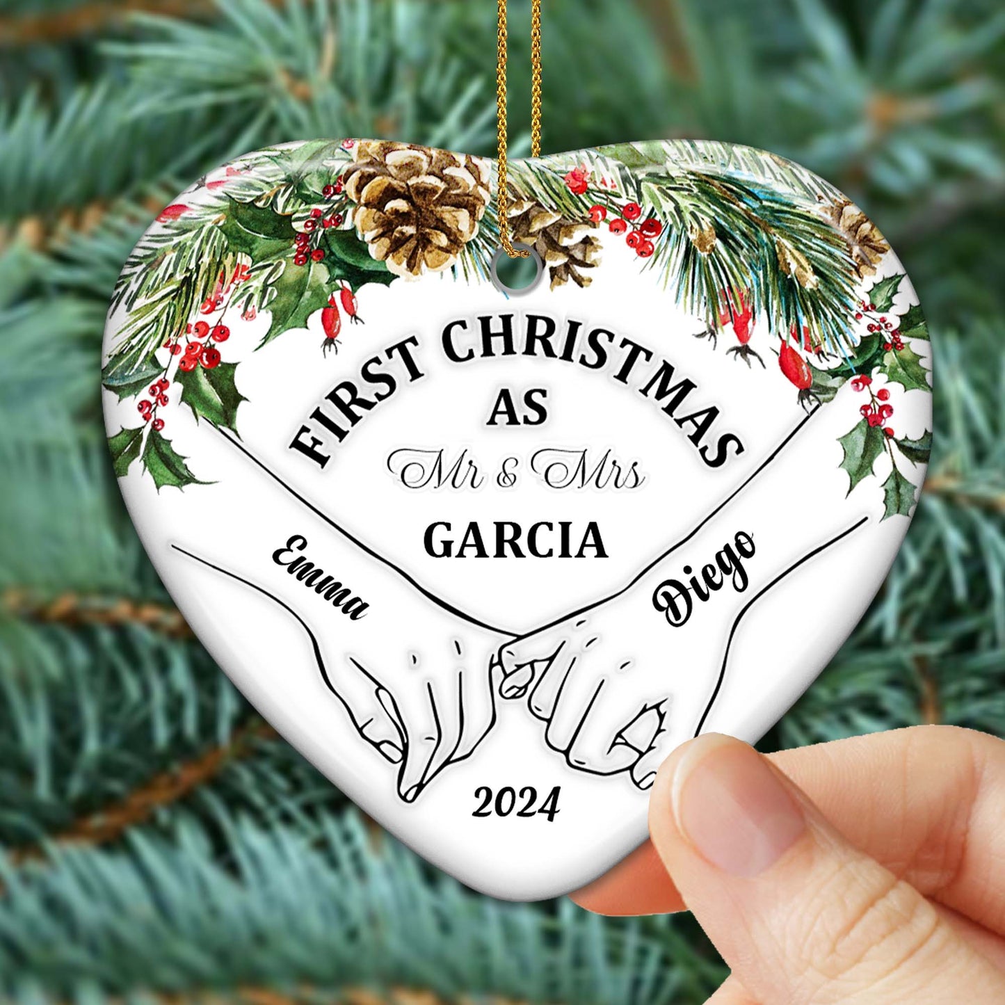 First Christmas As Mr & Mrs Heart Shaped Ornament - Personalized Custom Ceramic Ornament With Heart Shape - CPL025_HCE