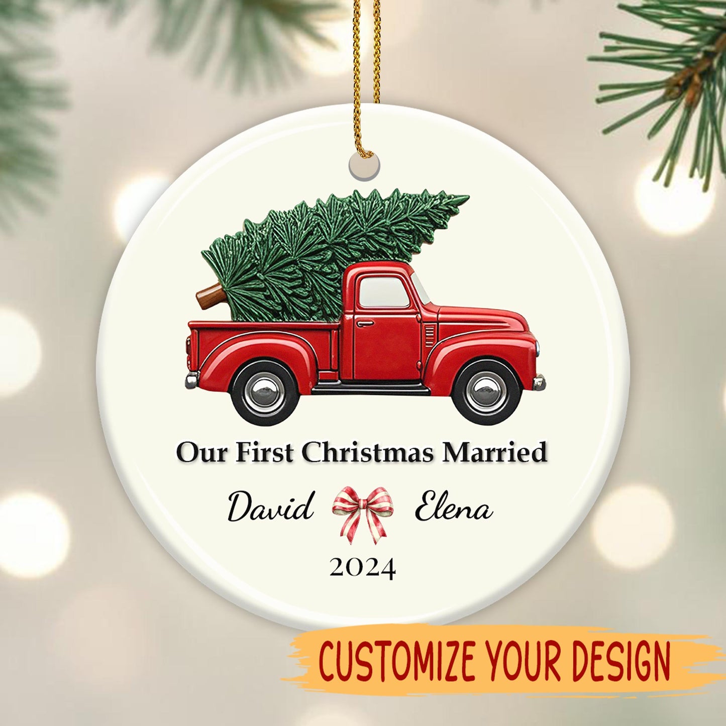 Our First Christmas Married Red Truck Ornament - Personalized Custom Ceramic Ornament With Round Shape - CPL042_RCE