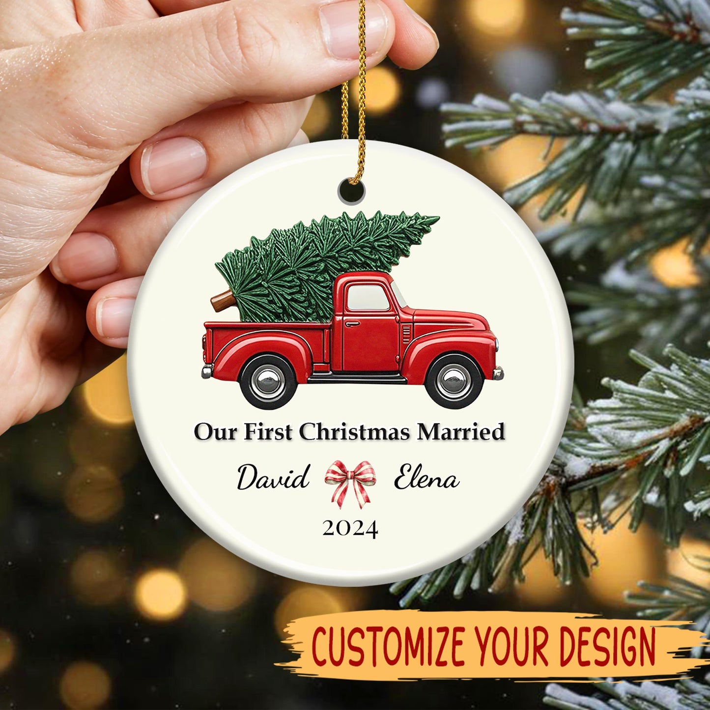 Our First Christmas Married Red Truck Ornament - Personalized Custom Ceramic Ornament With Round Shape - CPL042_RCE