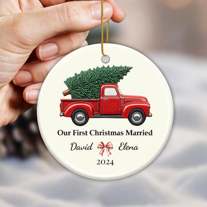 Our First Christmas Married Red Truck Ornament - Personalized Custom Ceramic Ornament With Round Shape - CPL042_RCE