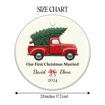 Our First Christmas Married Red Truck Ornament - Personalized Custom Ceramic Ornament With Round Shape - CPL042_RCE