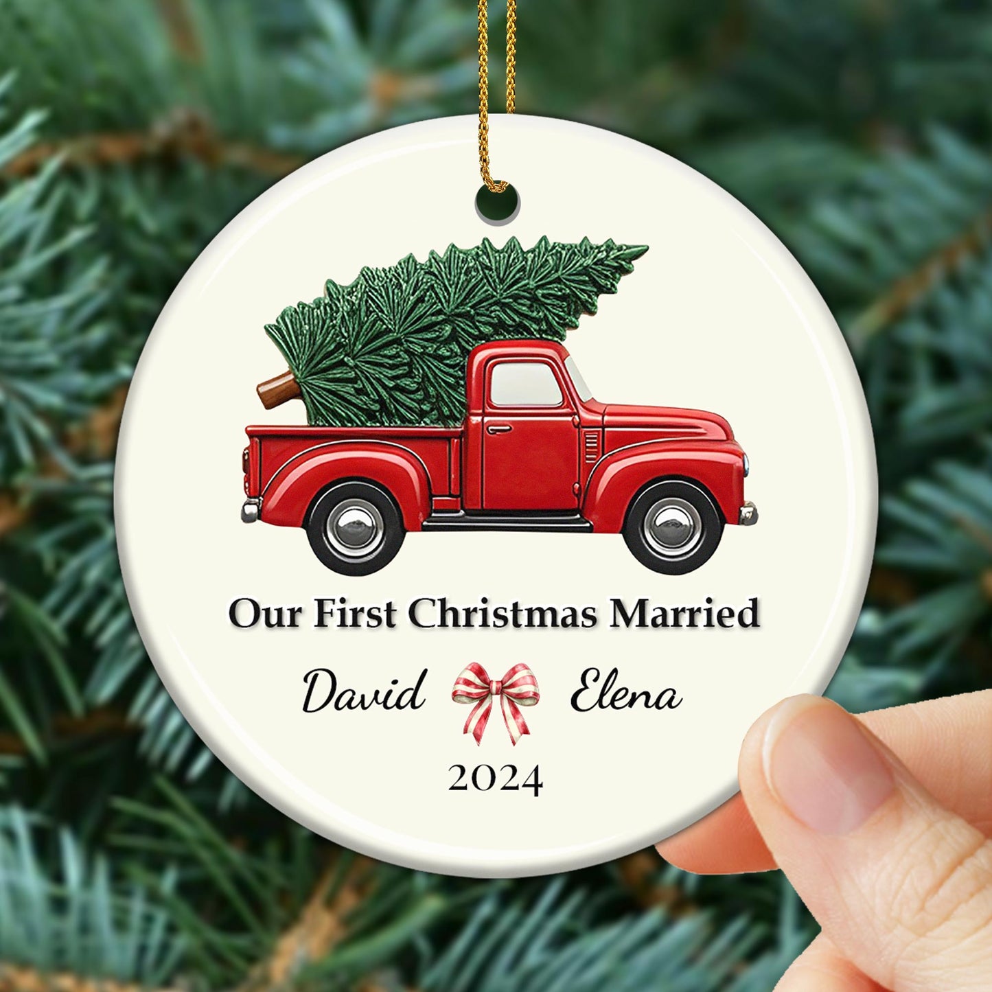 Our First Christmas Married Red Truck Ornament - Personalized Custom Ceramic Ornament With Round Shape - CPL042_RCE