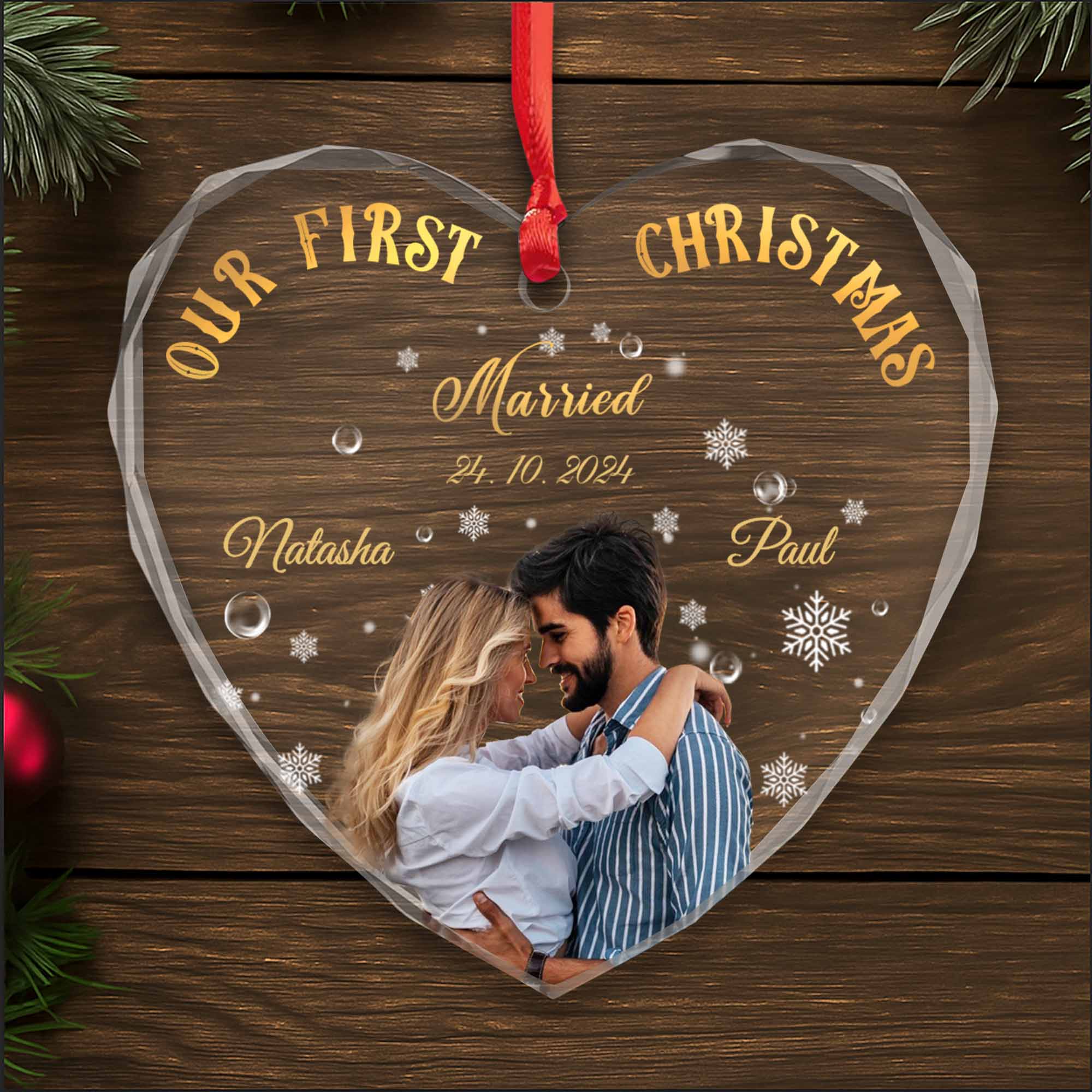 Our First Christmas Married Heart Ornament, Personalized Heart