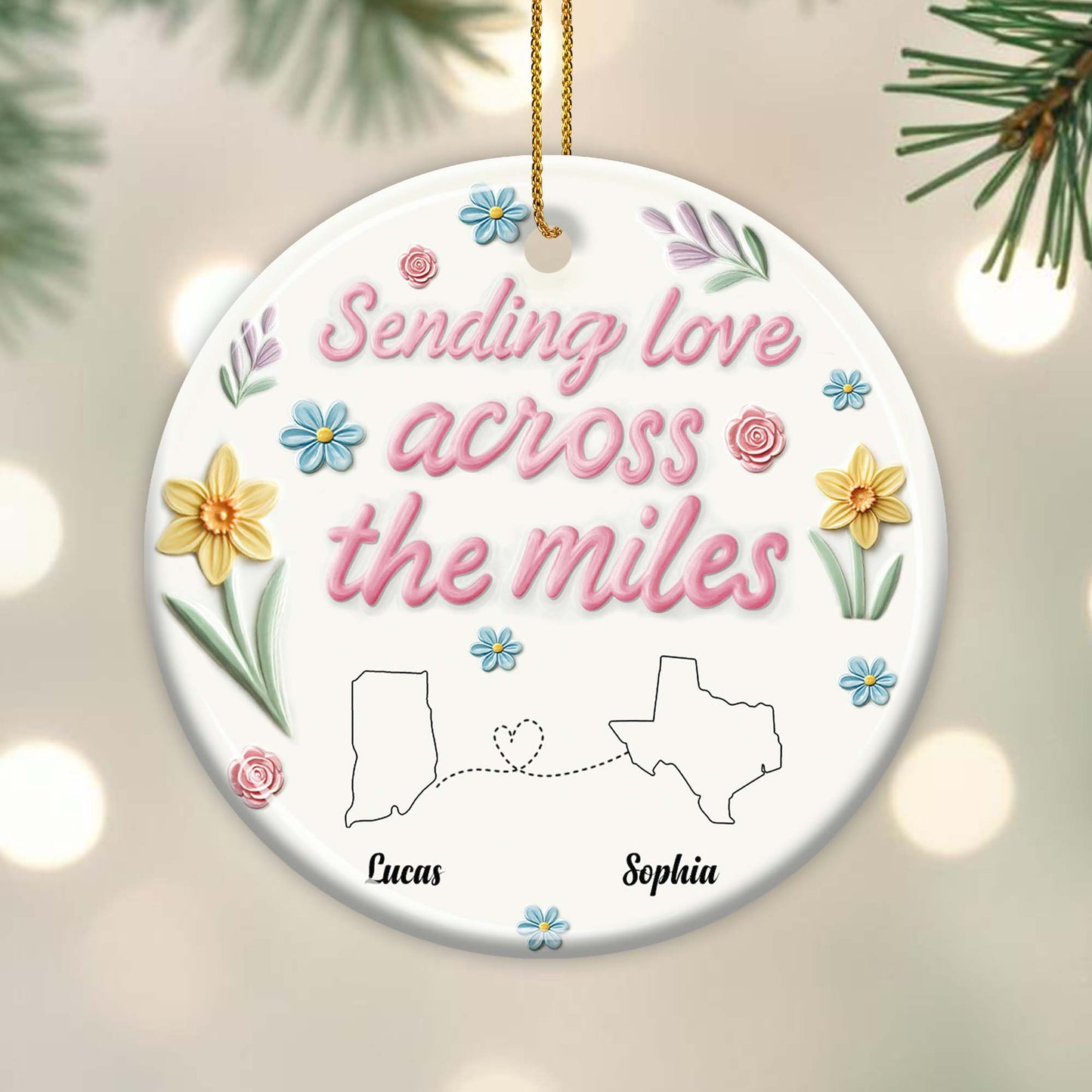 Sending Love Across The Miles Floral State Outline Ornament