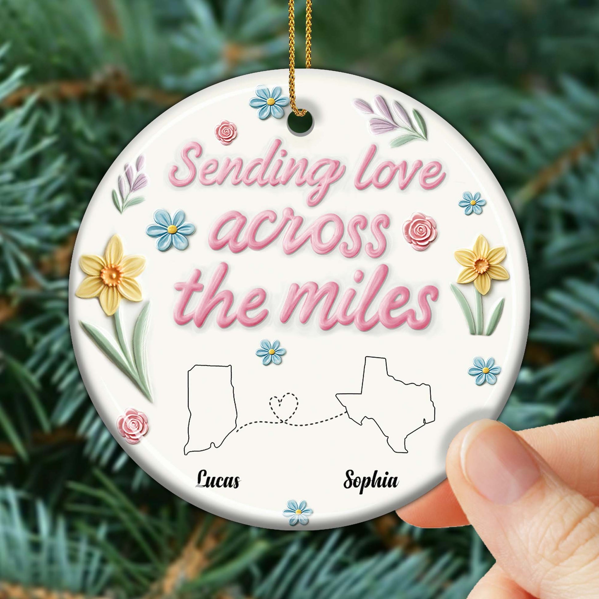 Sending Love Across The Miles Floral State Outline Ornament