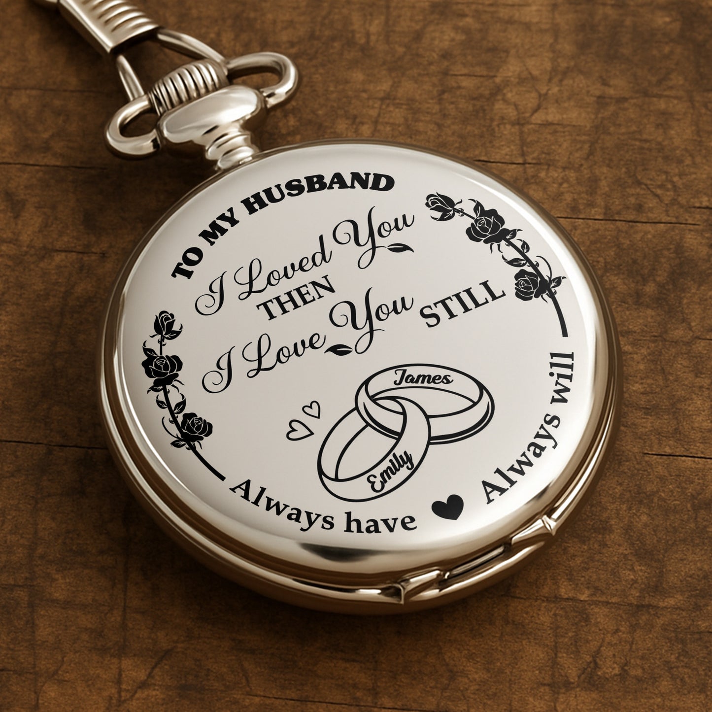 Je t'aime alors, je t'aime toujours, avec des roses et des alliances - Montre de poche plaquée argent personnalisée - CPL053_SWATCH