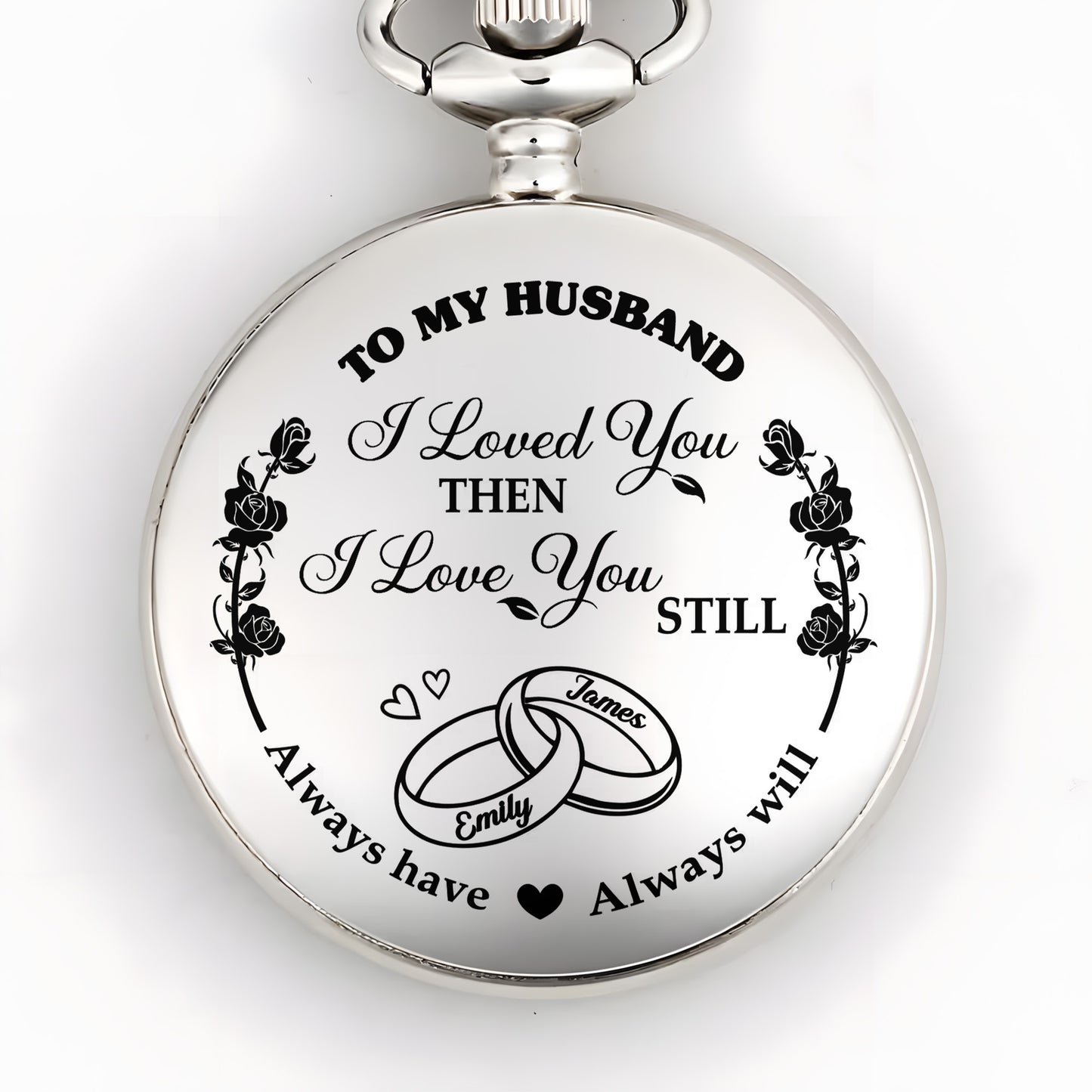 Je t'aime alors, je t'aime toujours, avec des roses et des alliances - Montre de poche plaquée argent personnalisée - CPL053_SWATCH