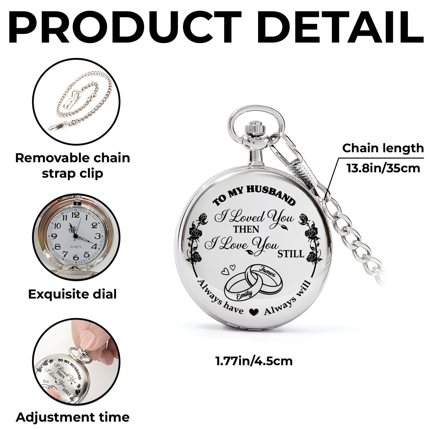 Je t'aime alors, je t'aime toujours, avec des roses et des alliances - Montre de poche plaquée argent personnalisée - CPL053_SWATCH