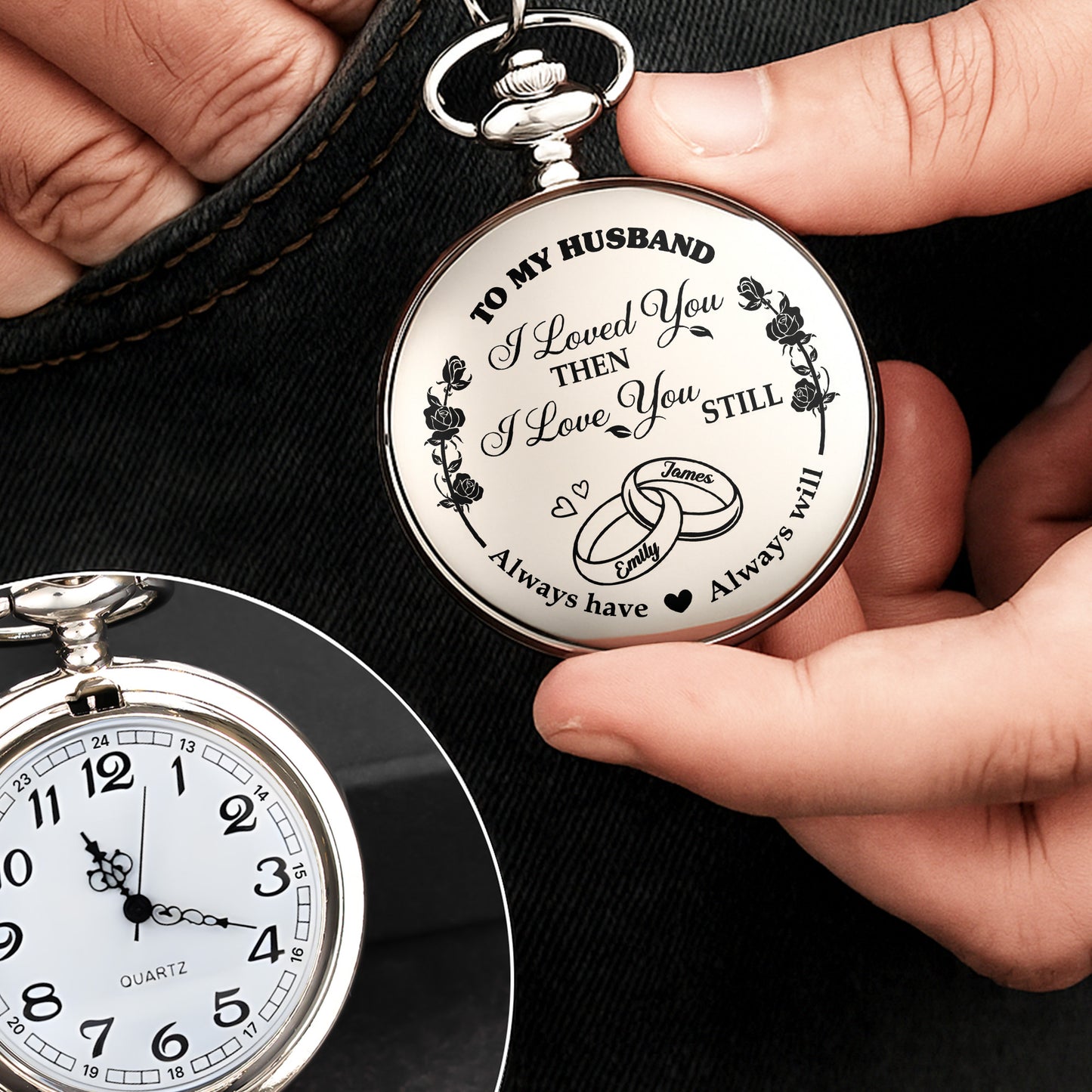 Je t'aime alors, je t'aime toujours, avec des roses et des alliances - Montre de poche plaquée argent personnalisée - CPL053_SWATCH