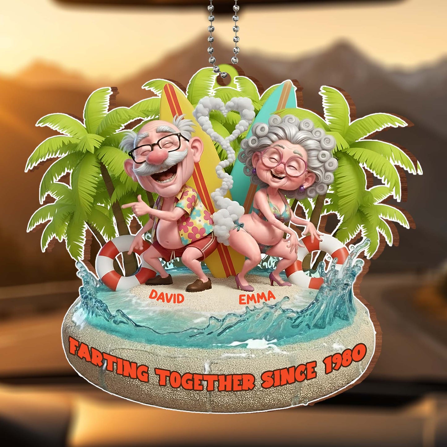 Farting Together Since 1980, Beach Theme With Palm Trees - Personalized Custom Wood Ornament, Car Hanging Ornament - CPL1014_WCA