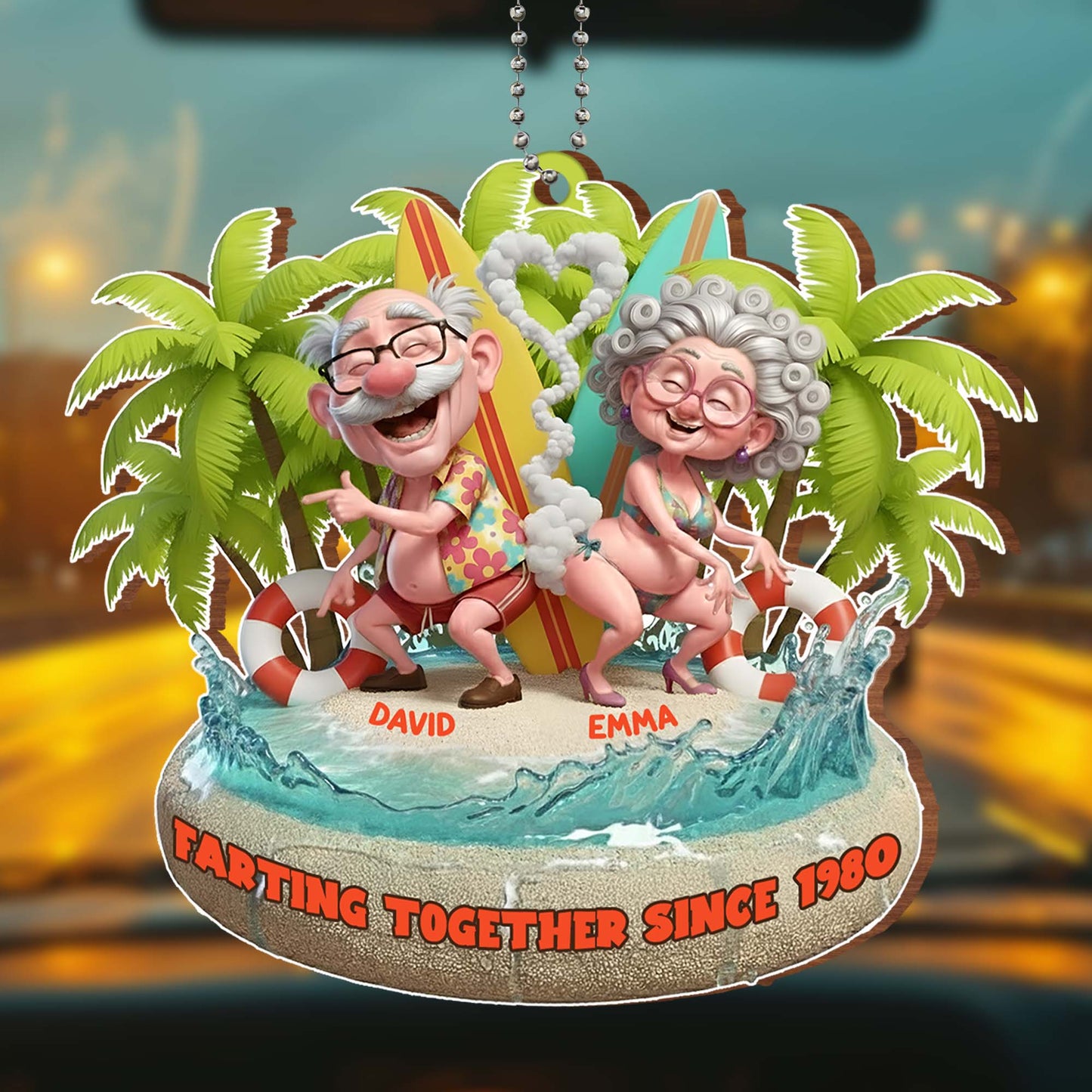 Farting Together Since 1980, Beach Theme With Palm Trees - Personalized Custom Wood Ornament, Car Hanging Ornament - CPL1014_WCA