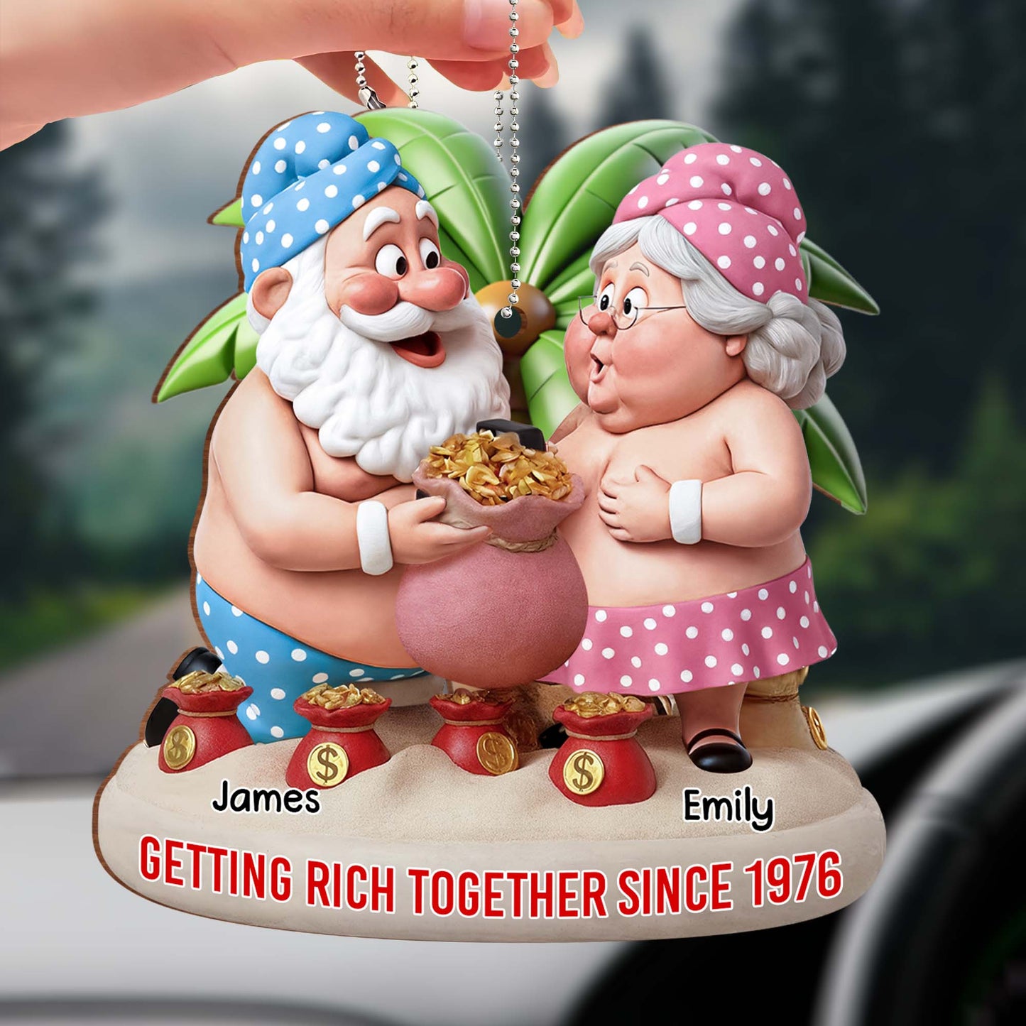 Getting Rich Together Gnomes And Coins - Personalized Custom Wood Ornament, Car Hanging Ornament - CPL1017_WCA