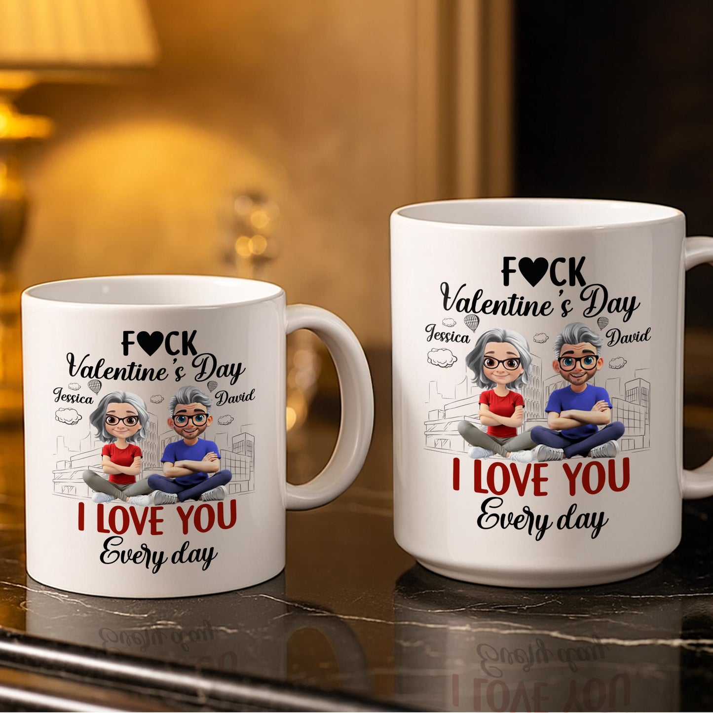 I Love You Every Day With Cartoon Couple And City Skyline