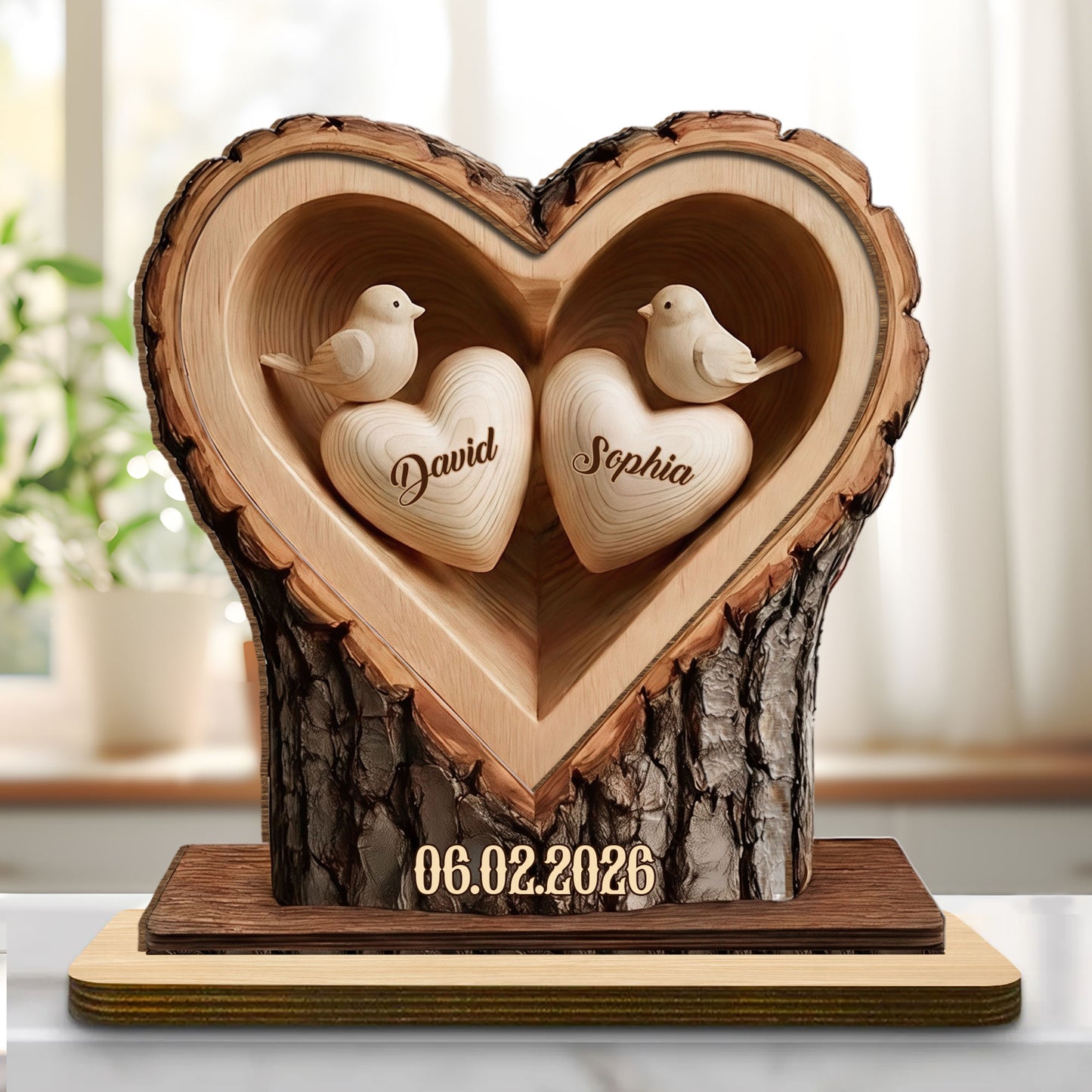 Celebrate Lasting Love, Personalized Birds In Heart Wood Plaque
