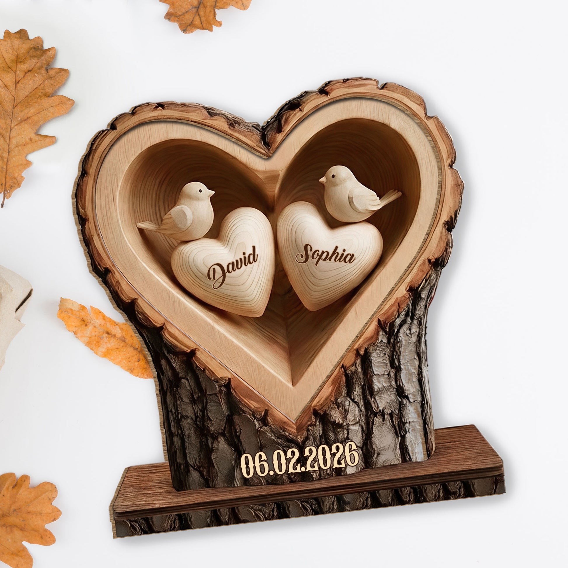 Celebrate Lasting Love, Personalized Birds In Heart Wood Plaque