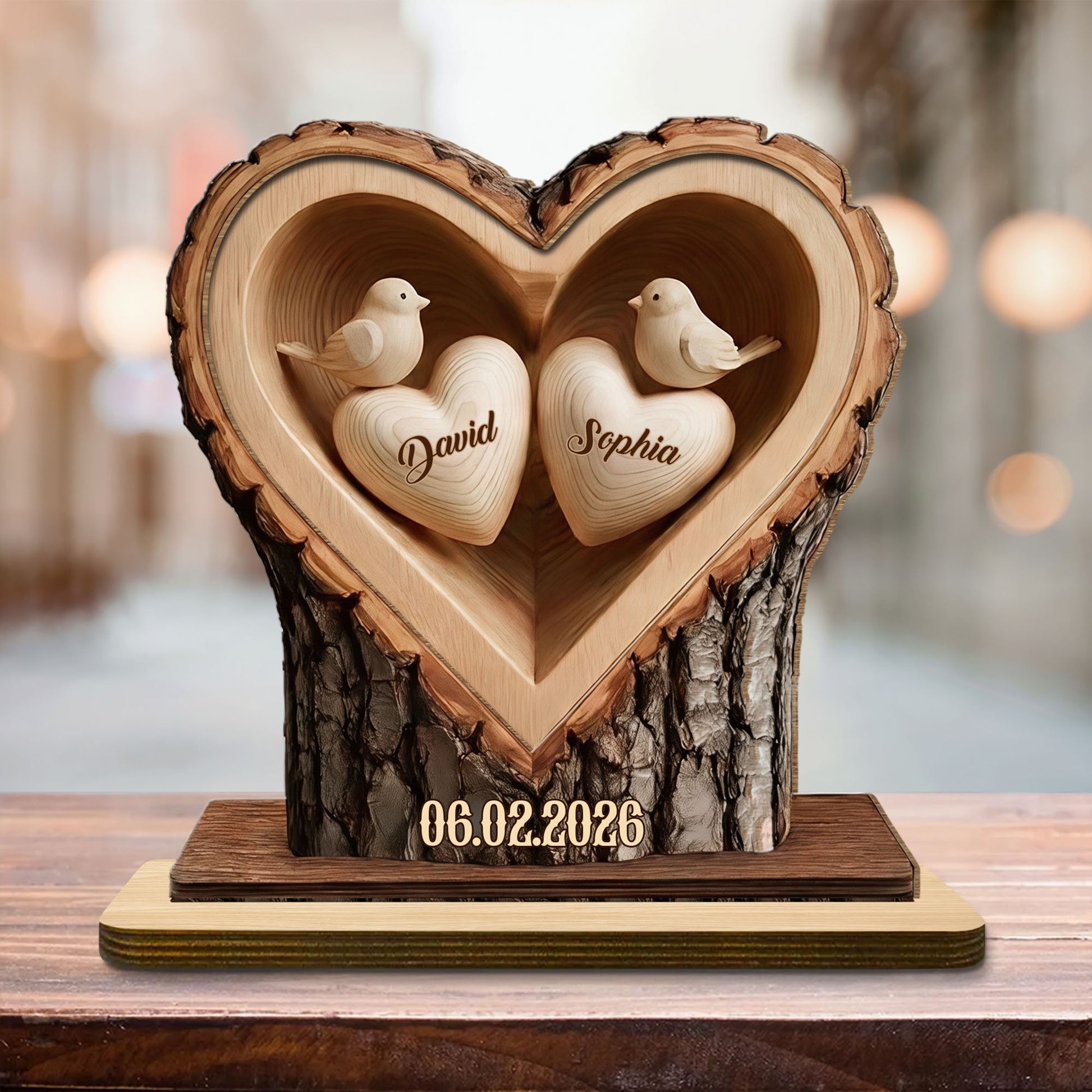 Celebrate Lasting Love, Personalized Birds In Heart Wood Plaque