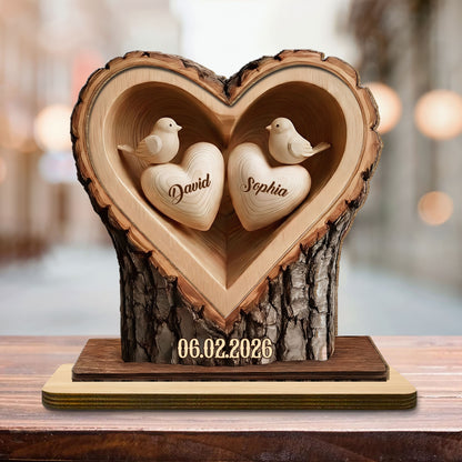Celebrate Lasting Love, Personalized Birds In Heart Wood Plaque