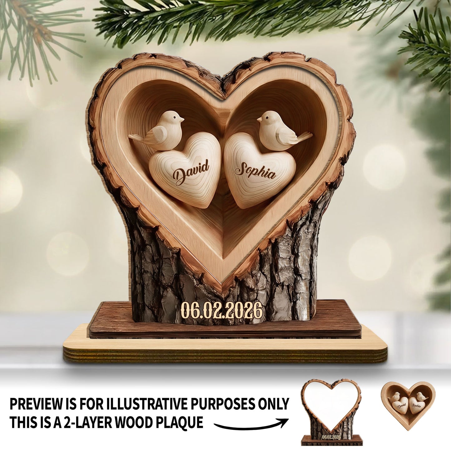 Celebrate Lasting Love, Personalized Birds In Heart Wood Plaque