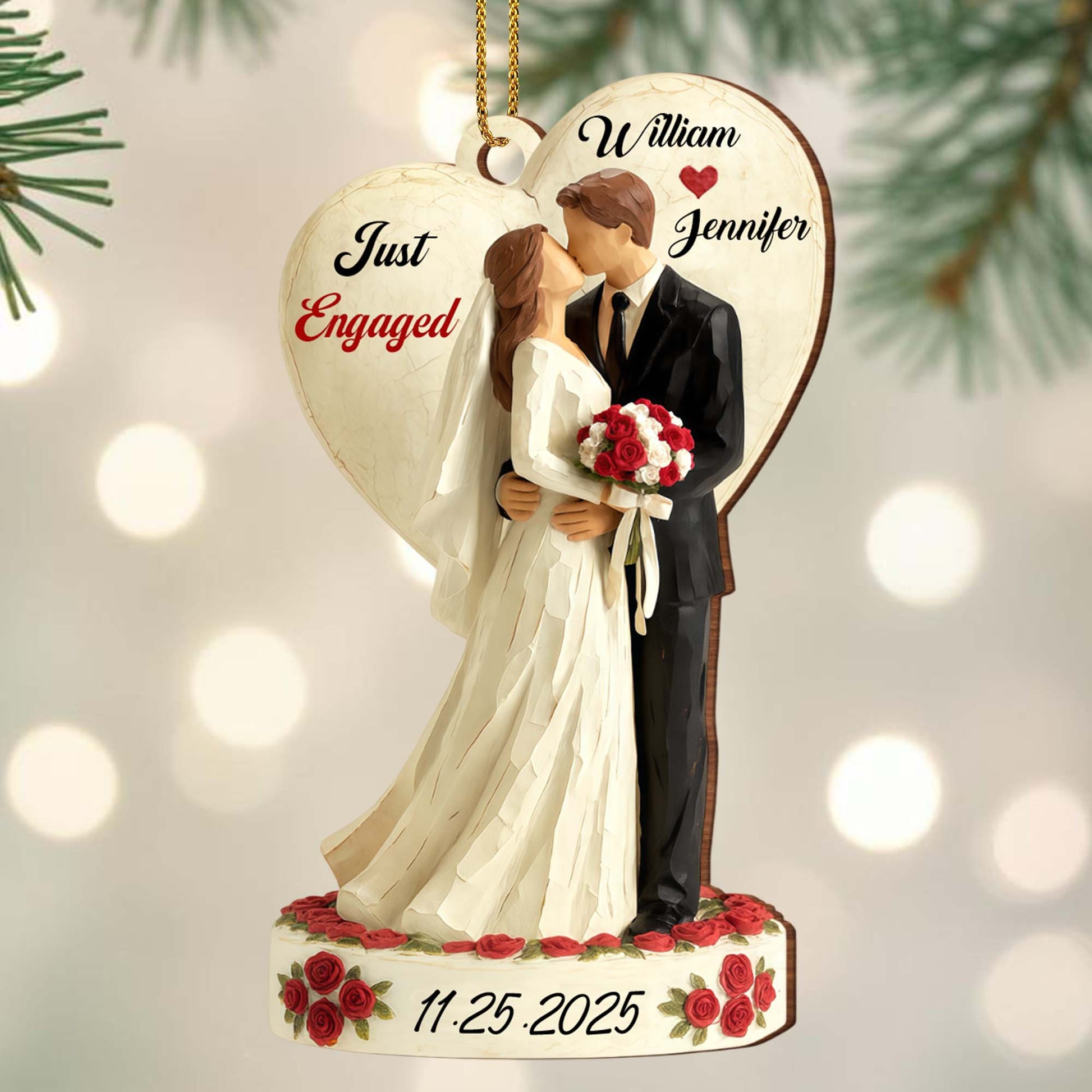 Just Engaged, Couple With Roses Ornament