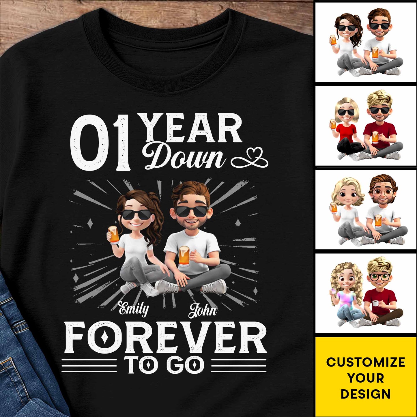 01 Year Down Forever To Go With Cartoon Couple