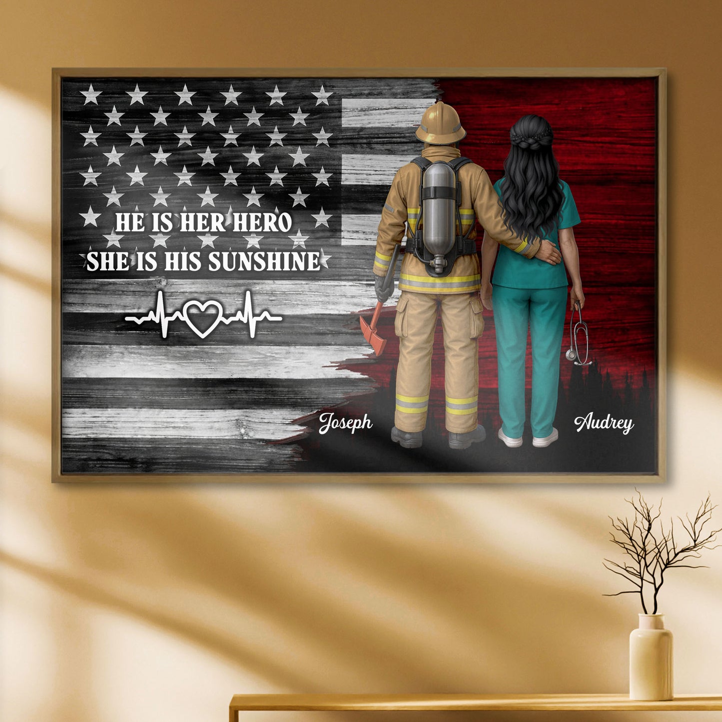 He Is Her Hero She Is His Sunshine, American Flag, Firefighter, Healthcare Worker