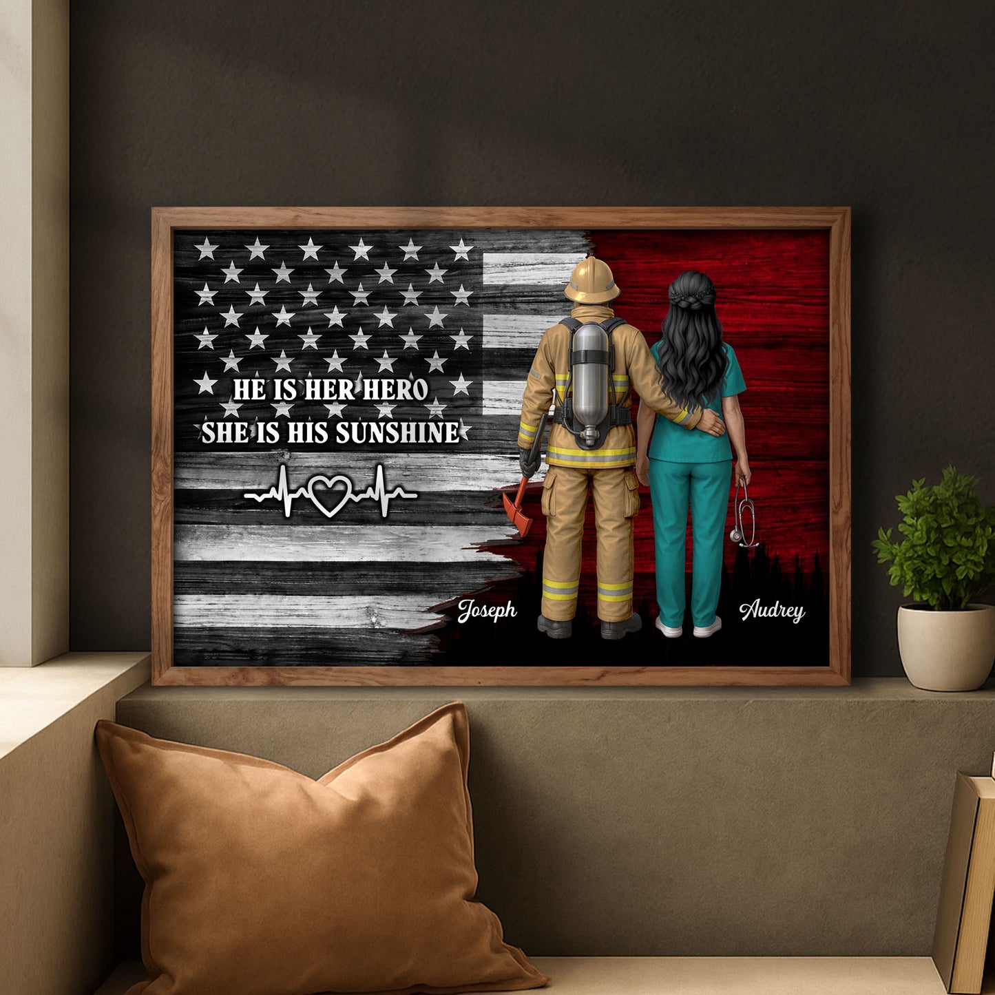 He Is Her Hero She Is His Sunshine, American Flag, Firefighter, Healthcare Worker
