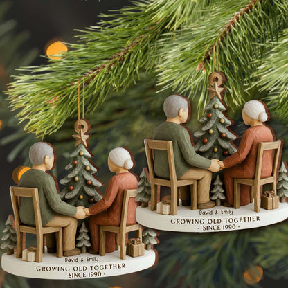Growing Old Together, Elderly Couple By Christmas Tree - Personalized Custom Wood Ornament, Custom Shaped - CPL1041_WDO