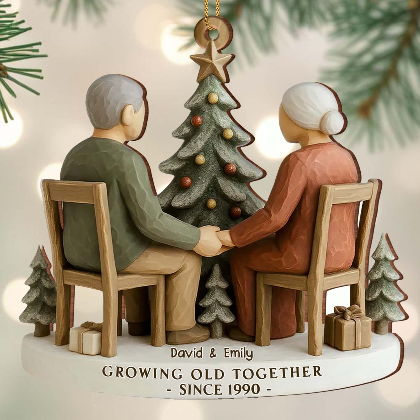 Growing Old Together, Elderly Couple By Christmas Tree - Personalized Custom Wood Ornament, Custom Shaped - CPL1041_WDO