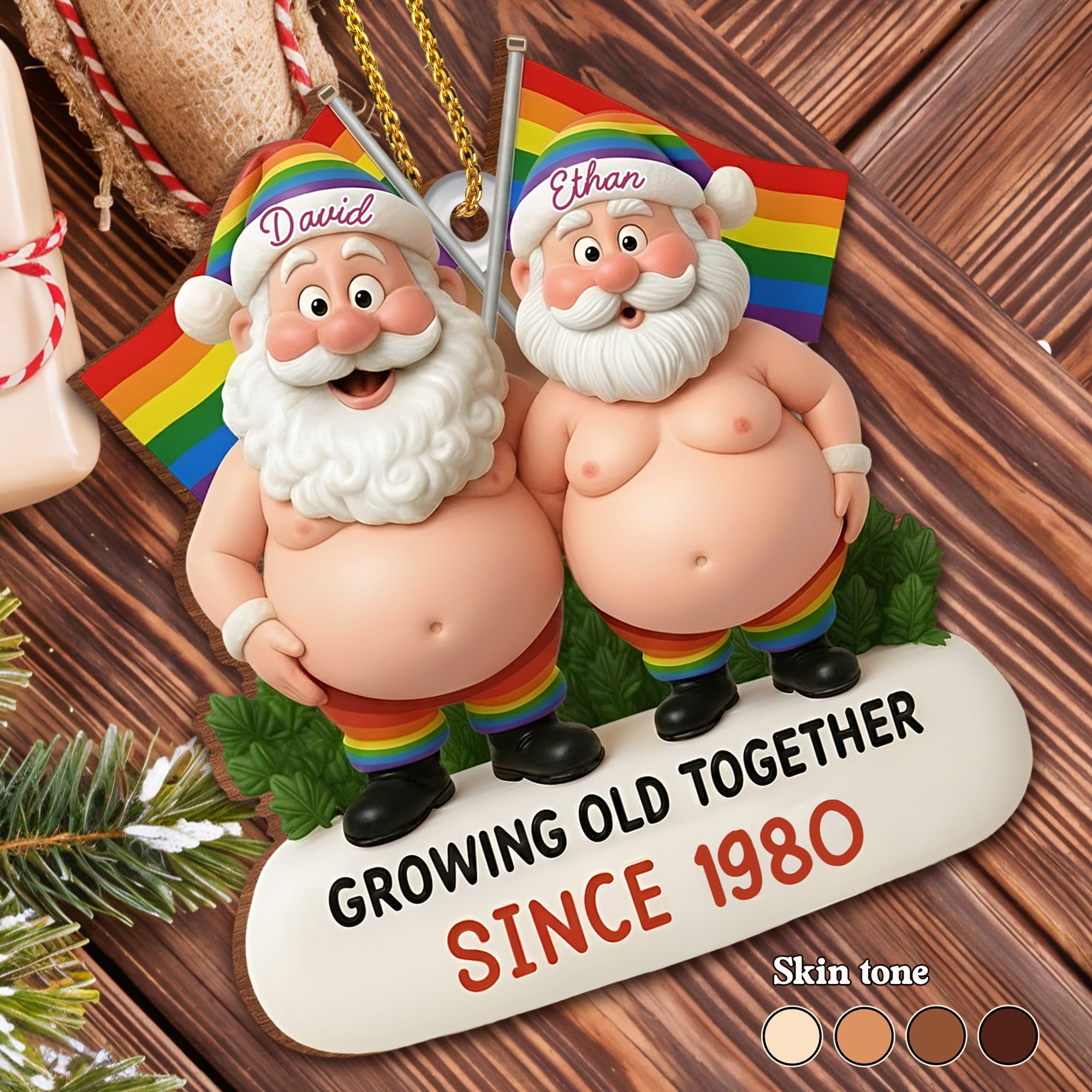 Growing Old Together, Santa Hats And Rainbow Flag, Custom Wood Ornament ...