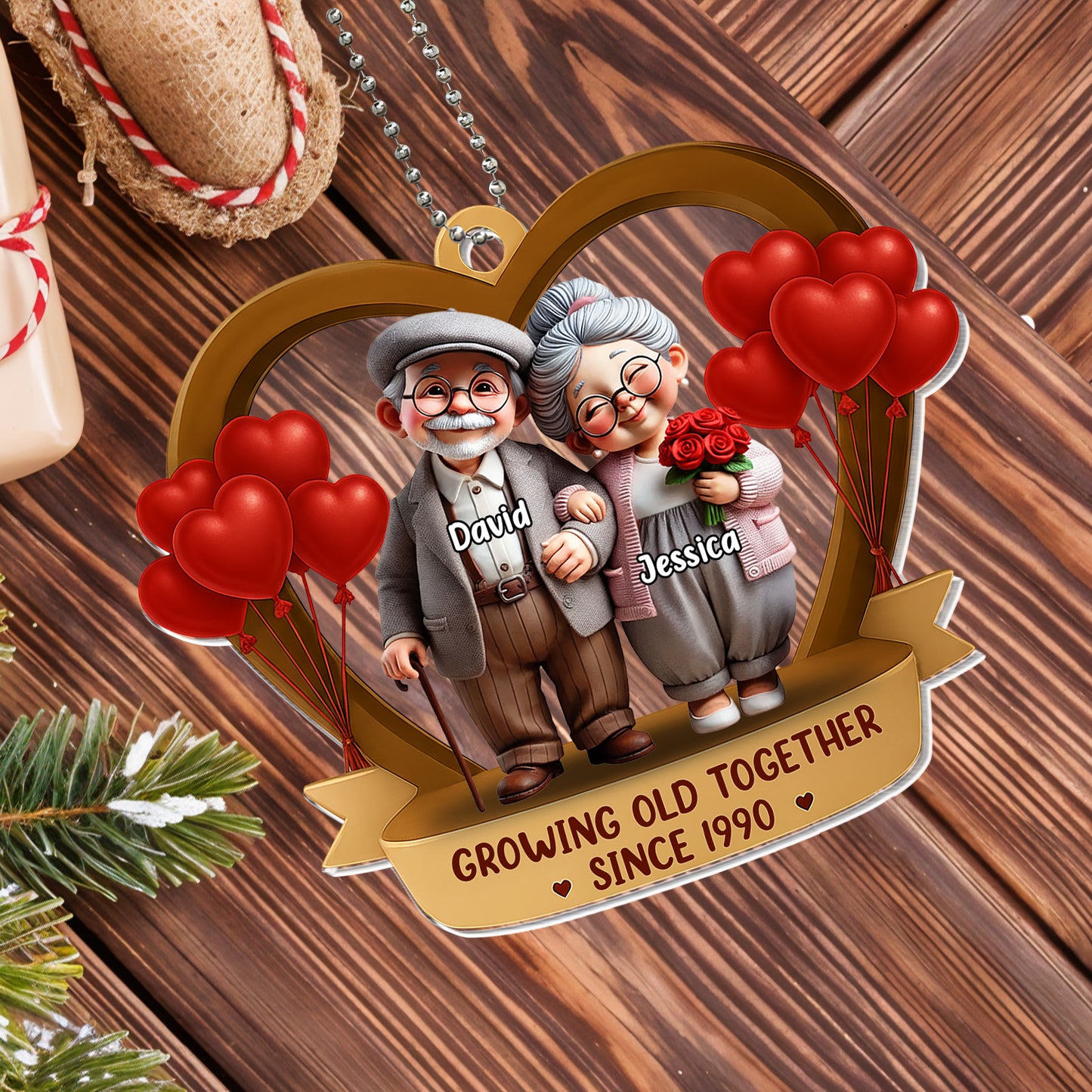 Growing Old Together, Elderly Couple With Hearts And Balloons