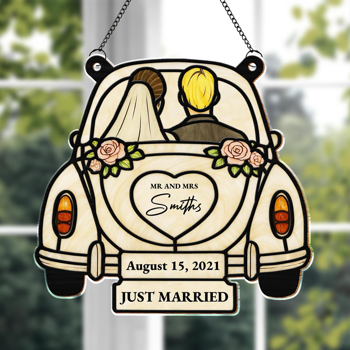 Just Married Wedding Car and Roses Suncatcher