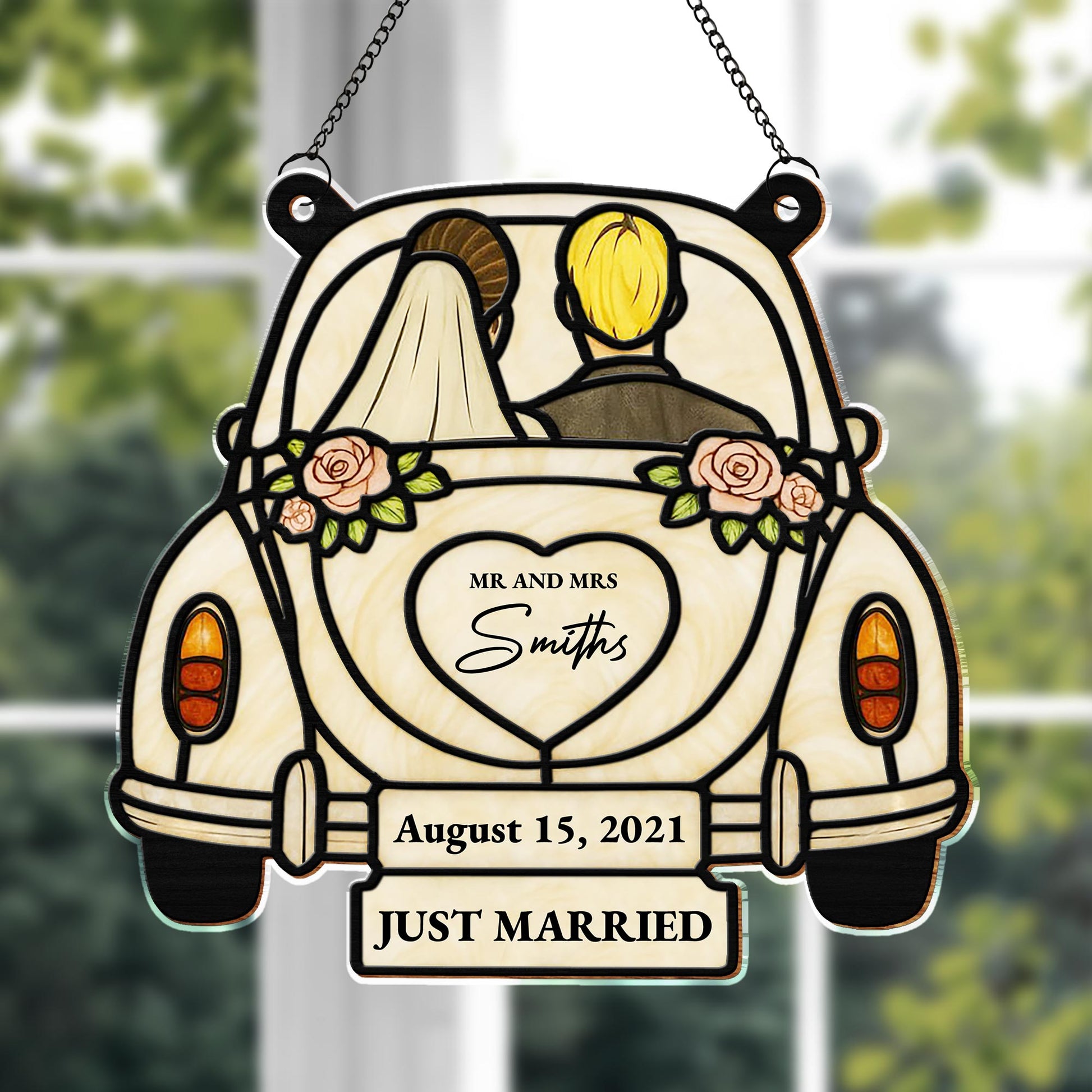 Just Married Wedding Car and Roses Suncatcher