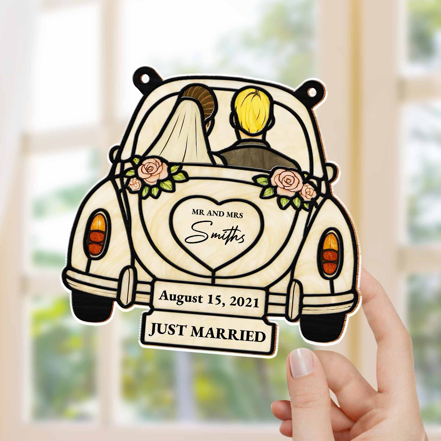Just Married Wedding Car and Roses Suncatcher