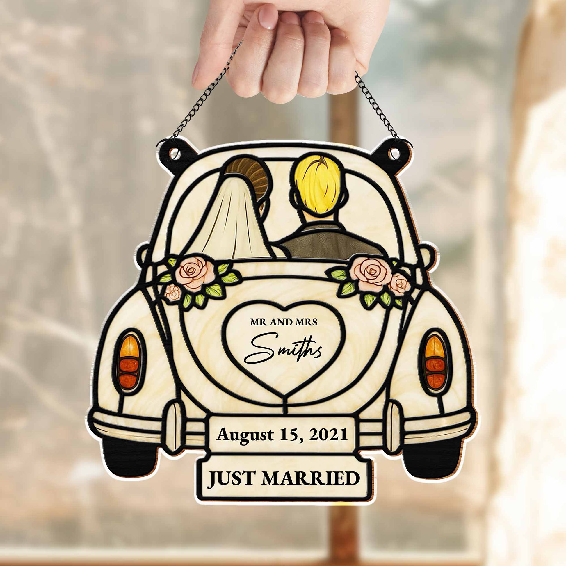 Just Married Wedding Car and Roses Suncatcher