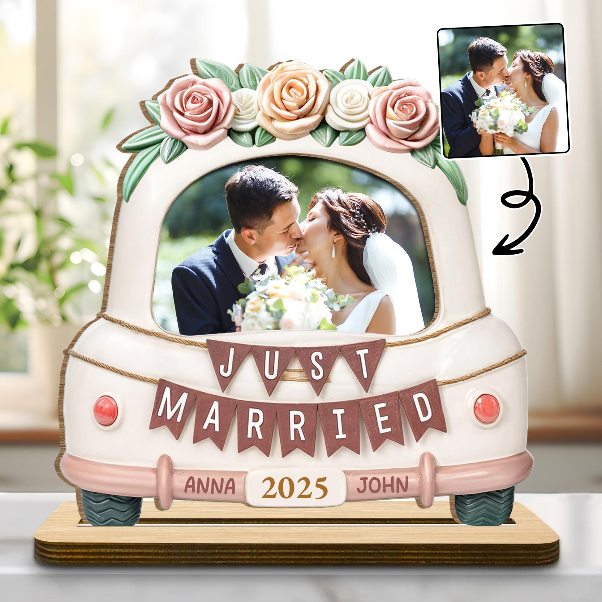 Just Married Wooden Plaque Featuring Roses And Wedding Car