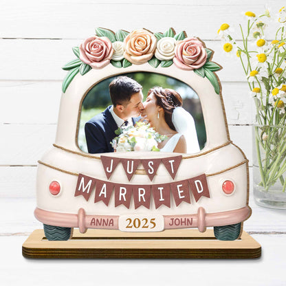 Just Married Wooden Plaque Featuring Roses And Wedding Car