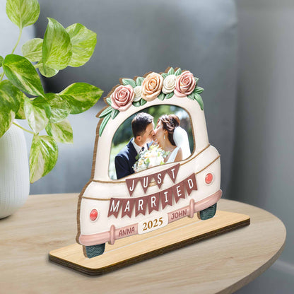 Just Married Wooden Plaque Featuring Roses And Wedding Car