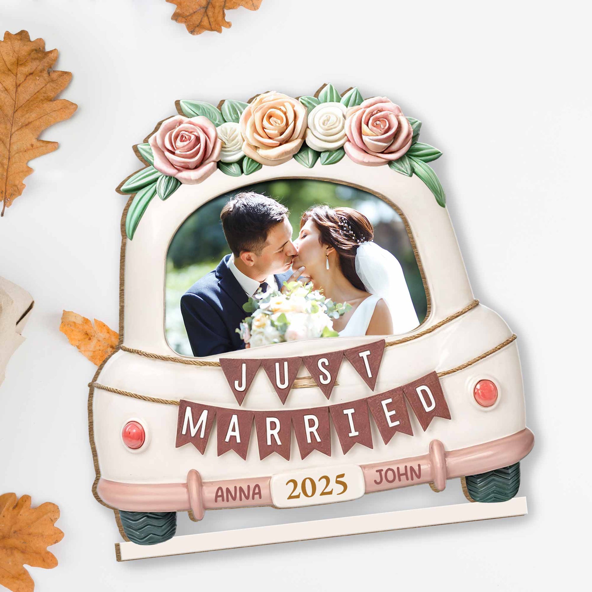 Just Married Wooden Plaque Featuring Roses And Wedding Car
