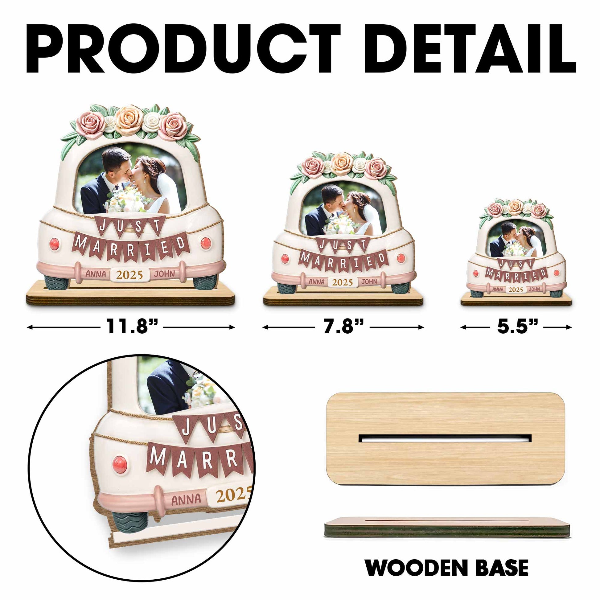 Just Married Wooden Plaque Featuring Roses And Wedding Car