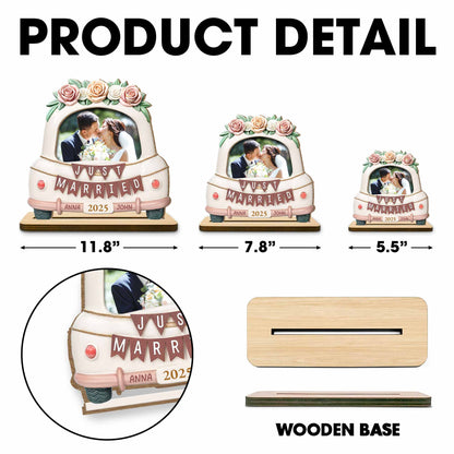 Just Married Wooden Plaque Featuring Roses And Wedding Car