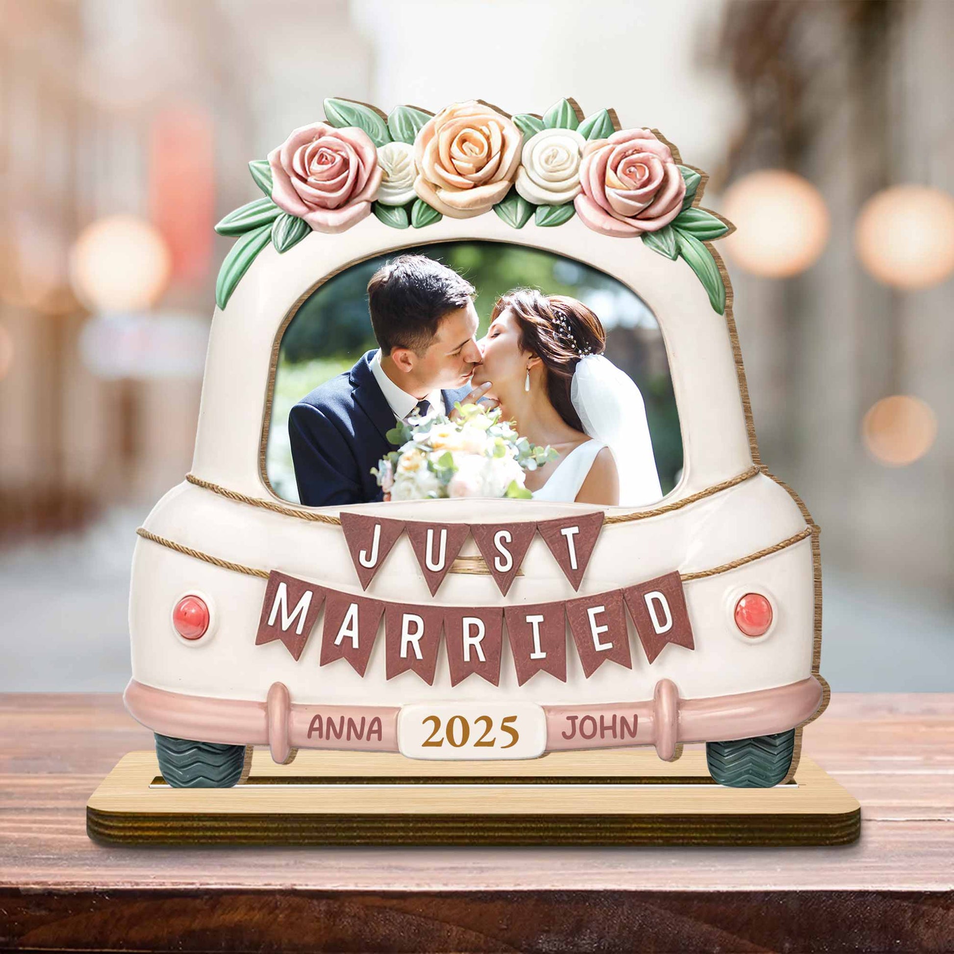 Just Married Wooden Plaque Featuring Roses And Wedding Car